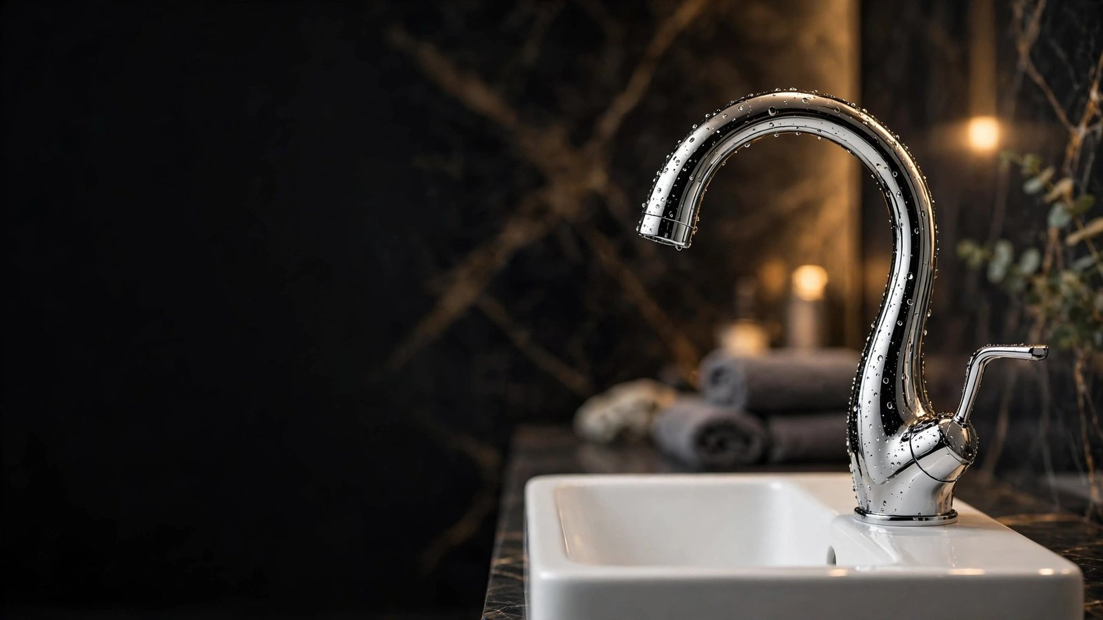 Polished chrome single lever basin mixer in a luxury bathroom
